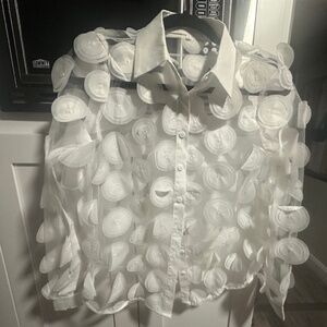 Stylish White Nylon Circle (Dot Cut Outs) Design Pattern Collard Blouse (S)
